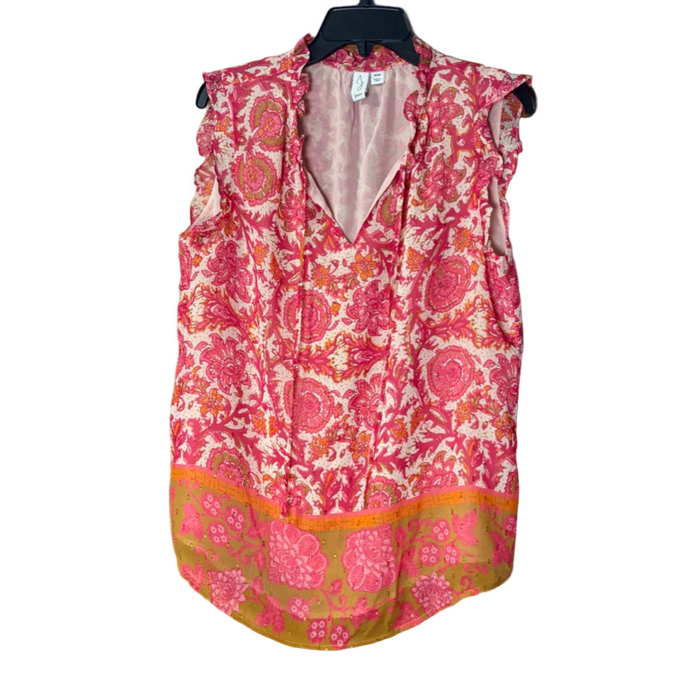 Joie Pink and Yellow-Orange Floral V-Neck Sleeveless Top